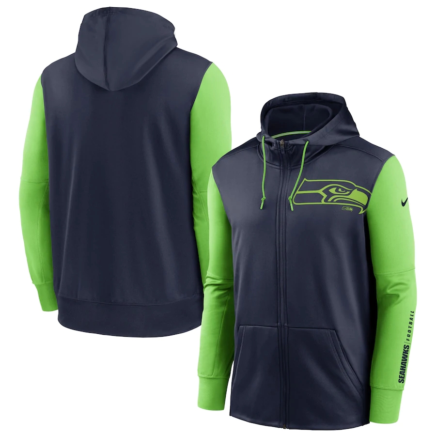 Seattle Seahawks College Navy Neon Green Fan Gear Mascot Performance Full-Zip Hoodie