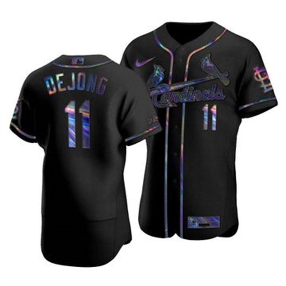 St. Louis Cardinals #11 Paul DeJong Men's Nike Iridescent Holographic Collection MLB Jersey - Black St. Louis Cardinals #11 Paul DeJong Men's Nike Iridescent Holographic Collection MLB Jersey - Black