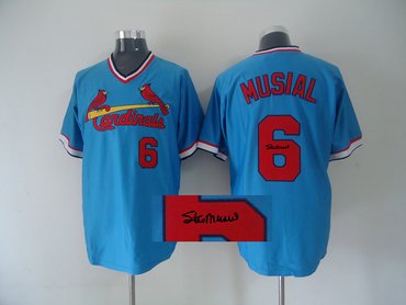 St Louis Cardinals 6# Stan Musial Blue MLB Jerseys(Signed)