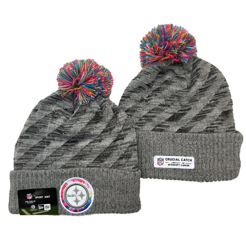 Steelers Team Logo Gray 2020 NFL Crucial Catch Sport Pom Cuffed Knit Hat YD