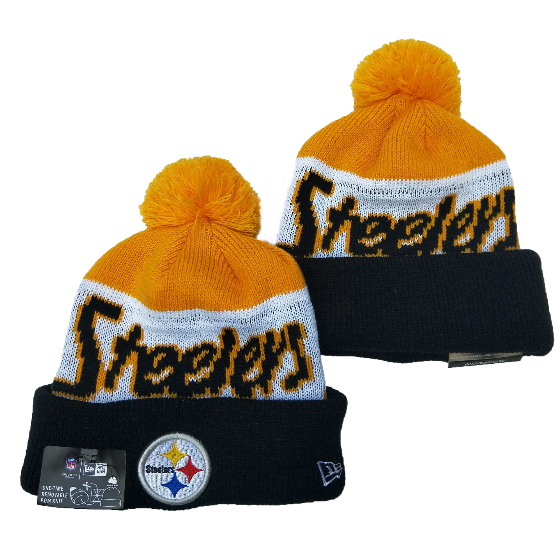 Steelers Team Logo Yellow White Navy Pom Knit Hat YD