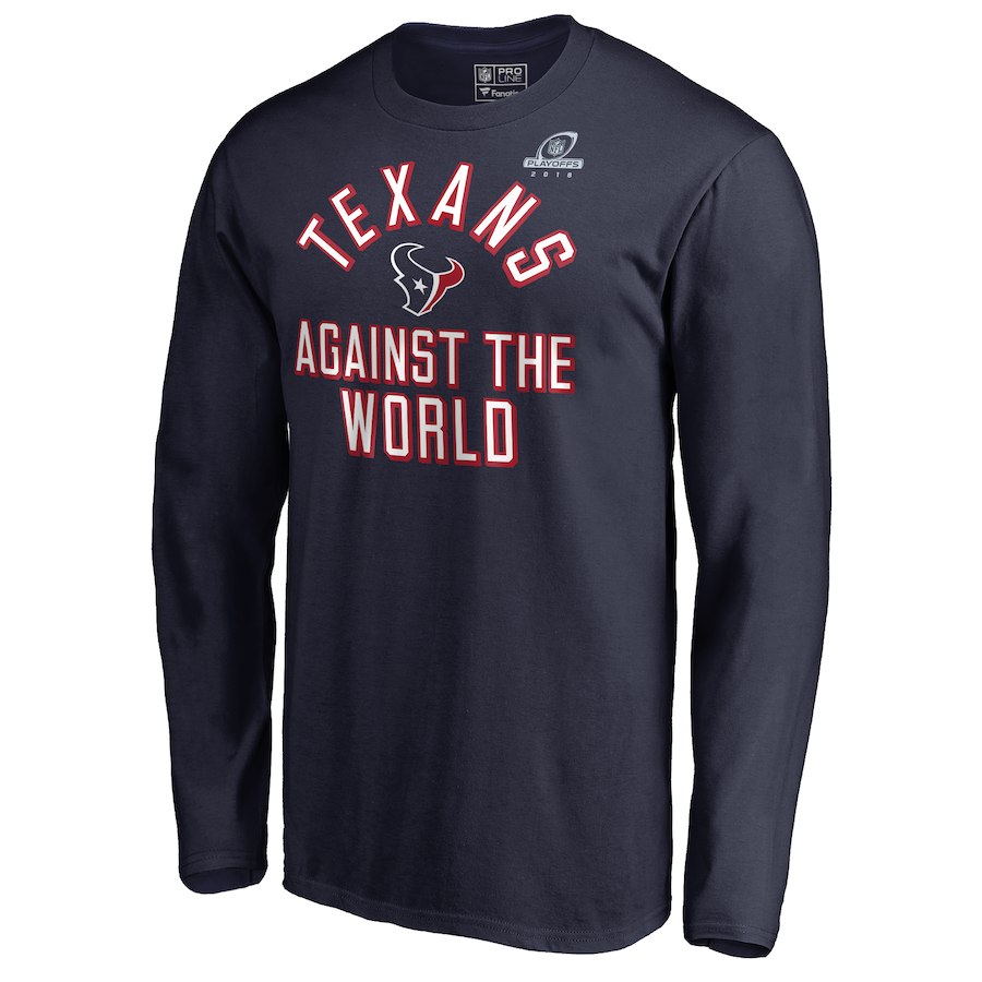 Texans Navy 2018 NFL Playoffs Against The World Men's Long Sleeve T-Shirt Texans Navy 2018 NFL Playoffs Against The World Men's Long Sleeve T-Shirt