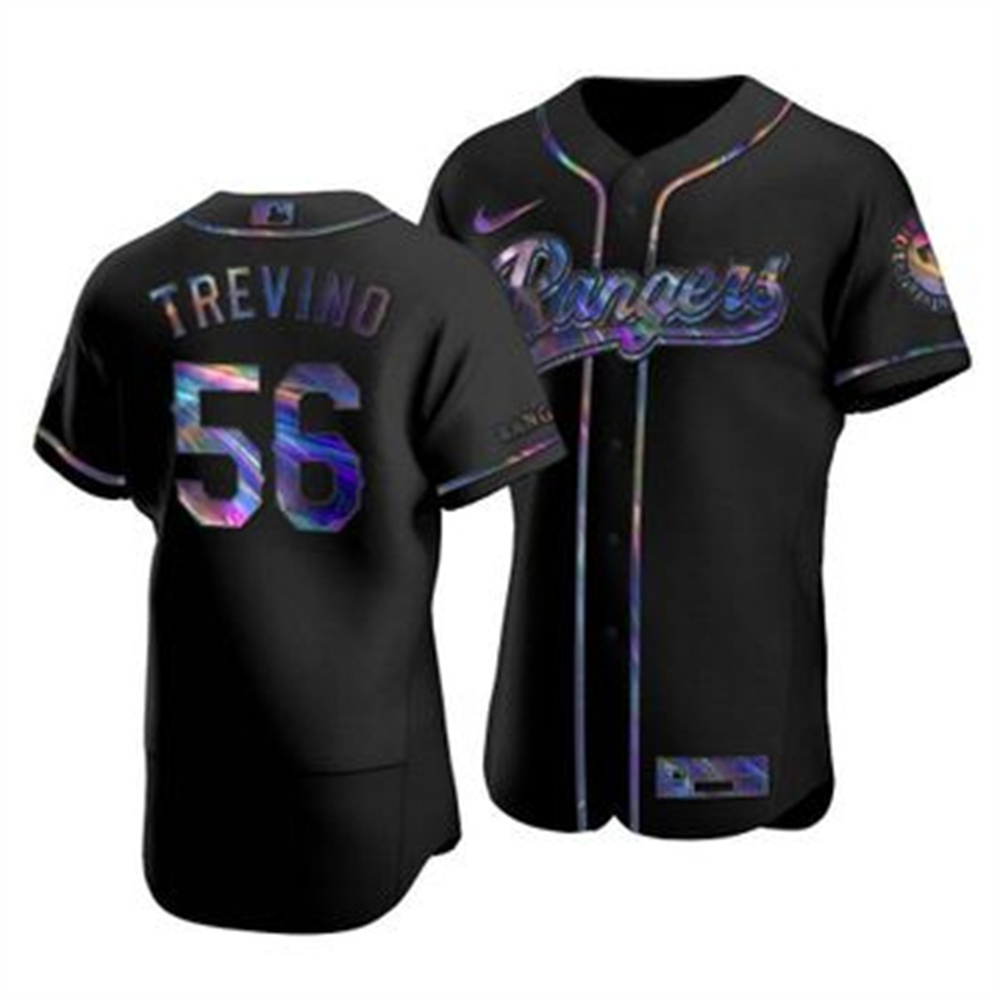 Texas Rangers #56 Jose Trevino Men's Nike Iridescent Holographic Collection MLB Jersey - Black Texas Rangers #56 Jose Trevino Men's Nike Iridescent Holographic Collection MLB Jersey - Black