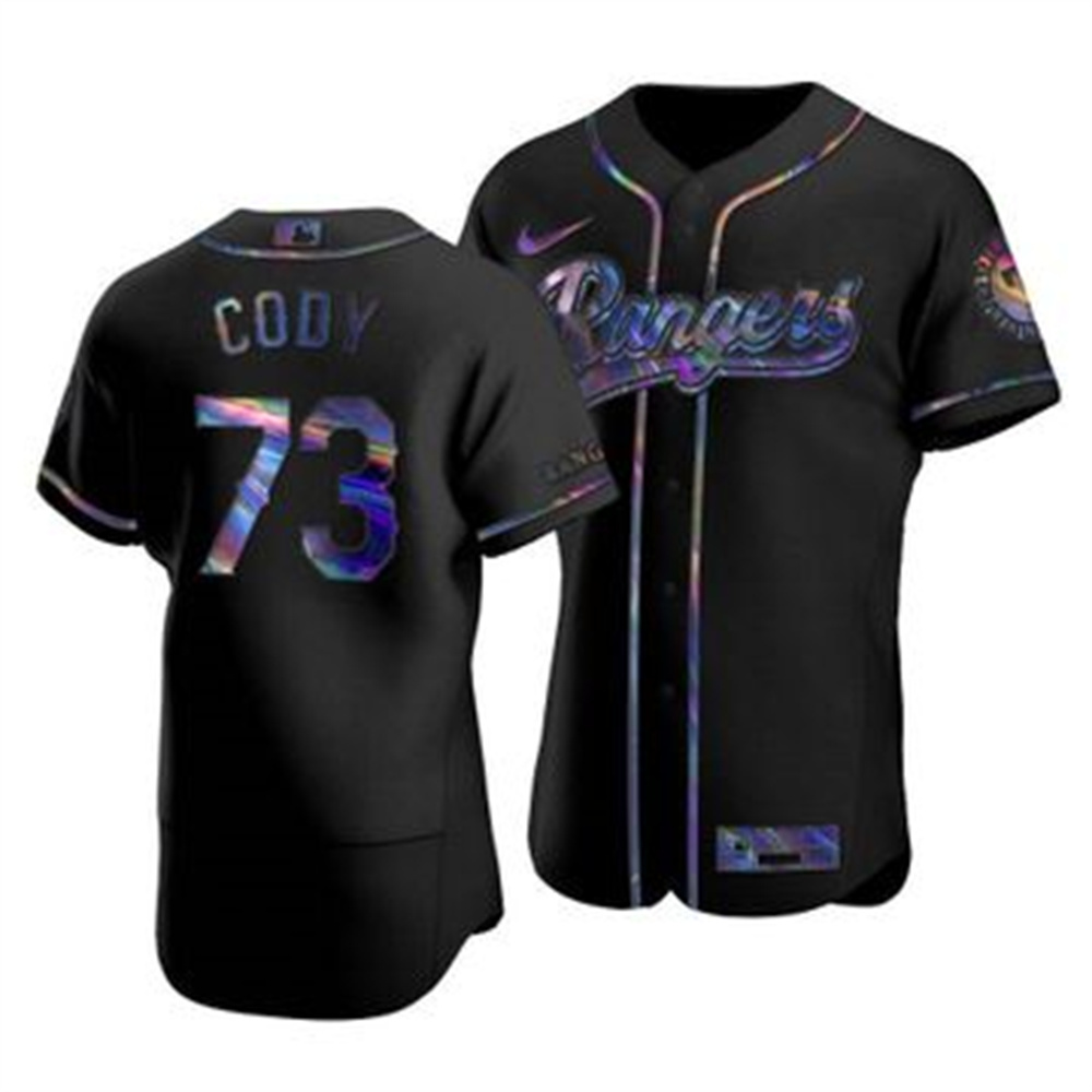 Texas Rangers #73 Kyle Cody Men's Nike Iridescent Holographic Collection MLB Jersey - Black Texas Rangers #73 Kyle Cody Men's Nike Iridescent Holographic Collection MLB Jersey - Black