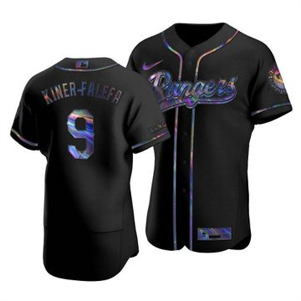 Texas Rangers #9 Isiah Kiner-Falefa Men's Nike Iridescent Holographic Collection MLB Jersey - Black Texas Rangers #9 Isiah Kiner-Falefa Men's Nike Iridescent Holographic Collection MLB Jersey - Black