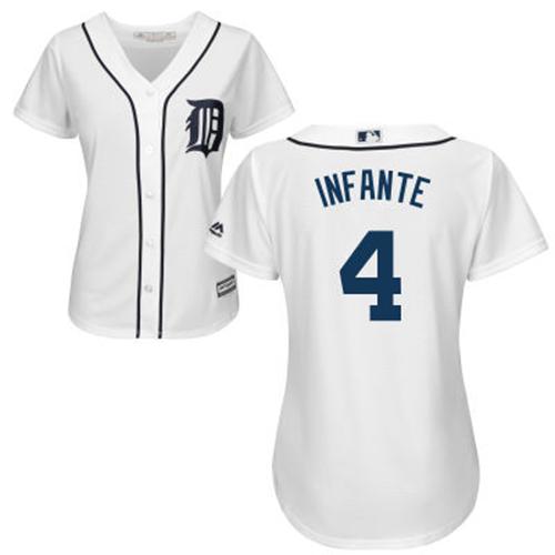 Tigers #4 Omar Infante White Home Women's Stitched MLB Jersey