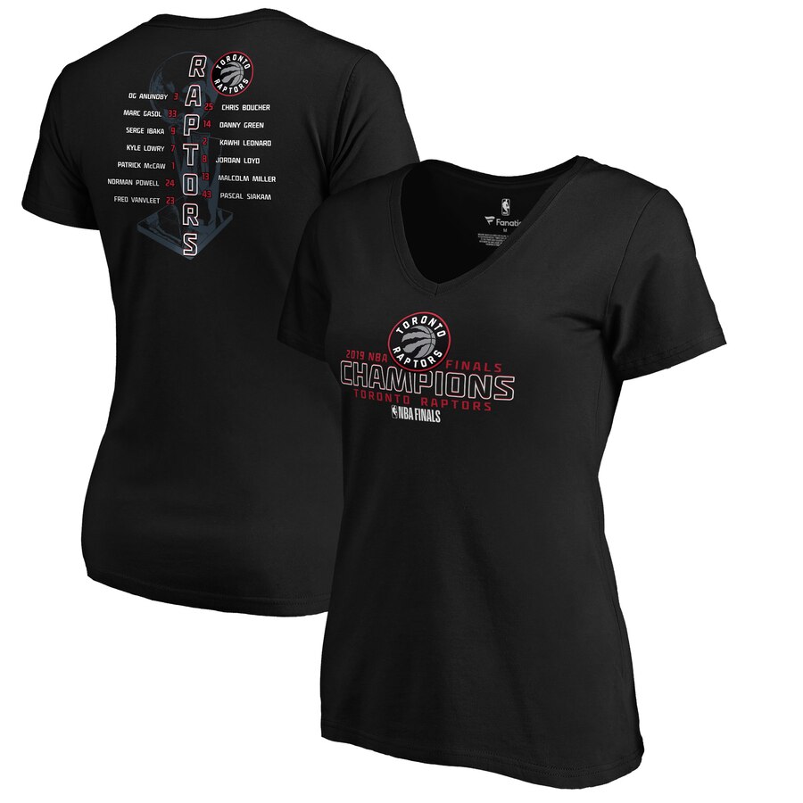 Toronto Raptors Fanatics Branded Women's 2019 NBA Finals Champions Plus Size Faces Of Victory Roster V Neck T-Shirt Black Toronto Raptors Fanatics Branded Women's 2019 NBA Finals Champions Plus Size Faces Of Victory Roster V Neck T-Shirt Black