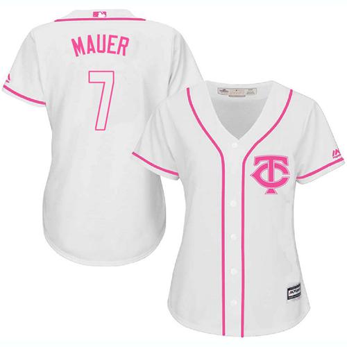 Twins #7 Joe Mauer White Pink Fashion Women's Stitched MLB Jersey