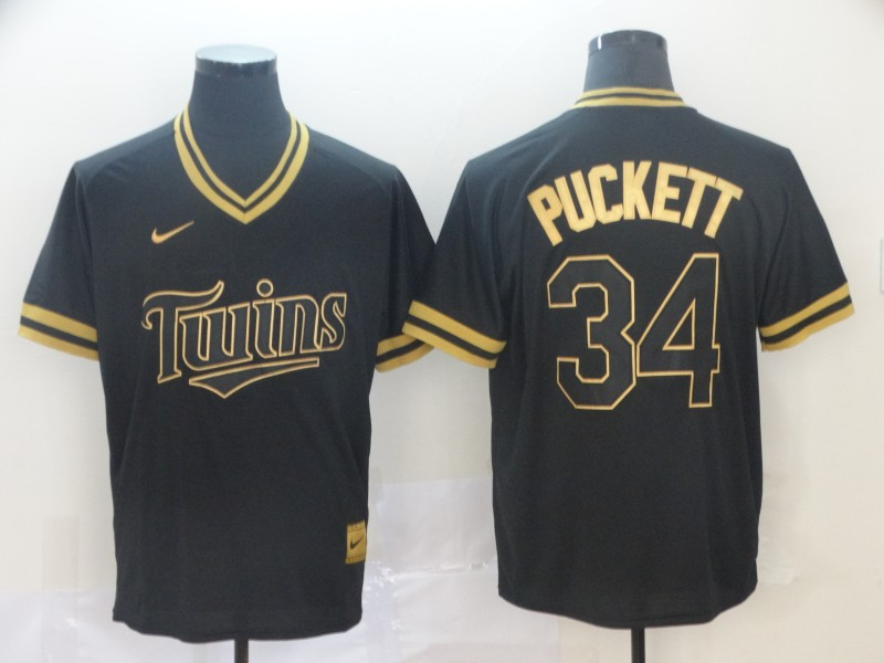 Twins 34 Kirby Puckett Black Gold Nike Cooperstown Collection Legend V Neck Jersey