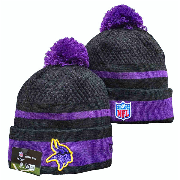 Vikings Team Logo Black And Purple Pom Cuffed Knit Hat YD