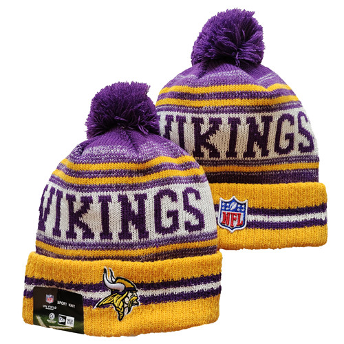 Vikings Team Logo Yellow And Purple Pom Cuffed Knit Hat YD