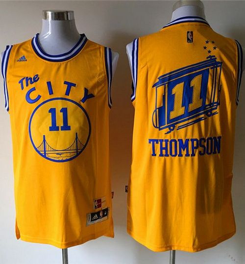 Warriors #11 Klay Thompson Gold Throwback The City Stitched NBA Jersey