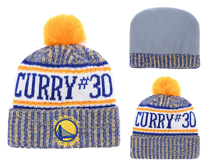 Warriors Team Logos Yellow Blue Pom Knit Hat YD