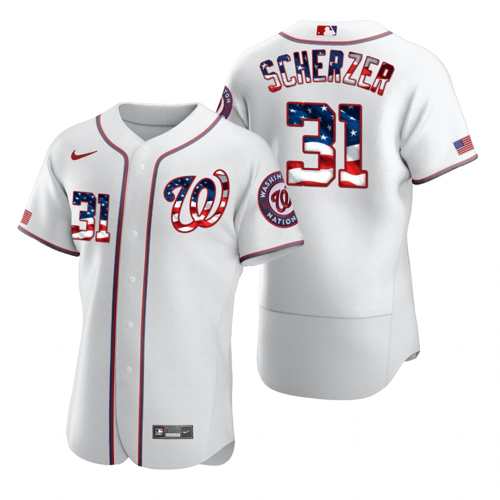 Washington Nationals #31 Max Scherzer Men's Nike White Fluttering USA Flag Limited Edition Authentic MLB Jersey