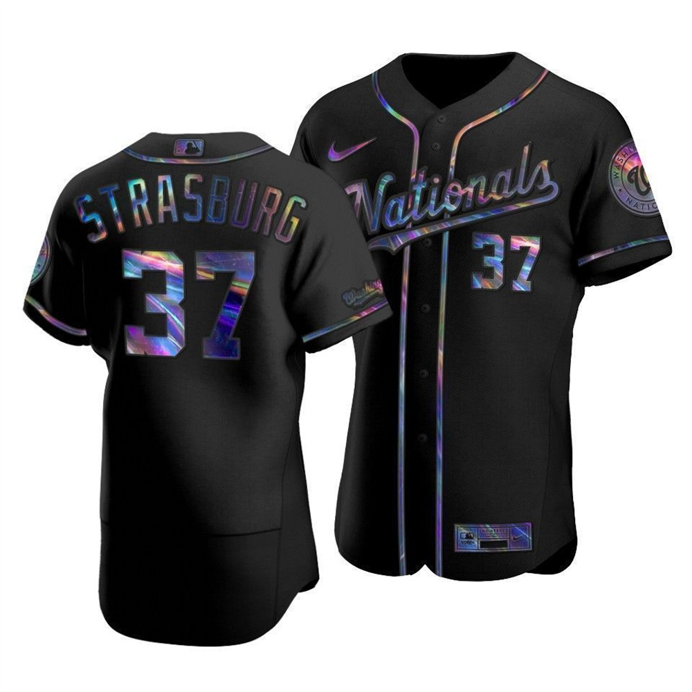 Washington Nationals #37 Stephen Strasburg Men's Nike Iridescent Holographic Collection MLB Jersey - Black