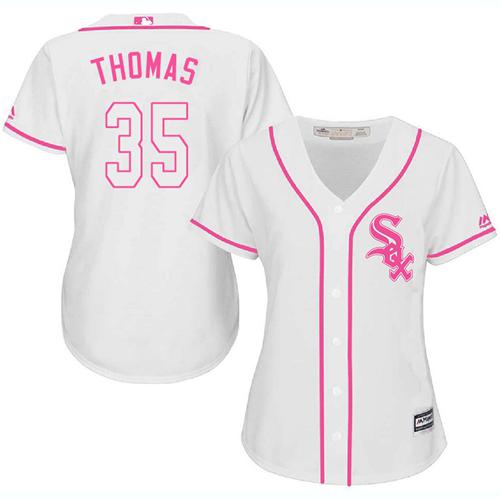 White Sox #35 Frank Thomas White Pink Fashion Women's Stitched MLB Jersey