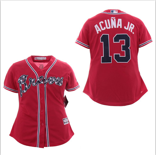 Women  Braves 13 Ronald Acuna Jr. Red Cool Base Women Jersey