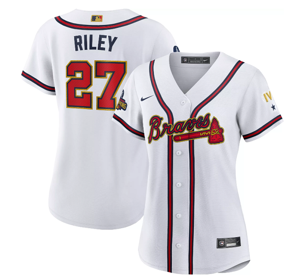 Women's Atlanta Braves #27 Austin Riley 2022 White Gold World Series Champions Program Stitched Jersey(Run Small)