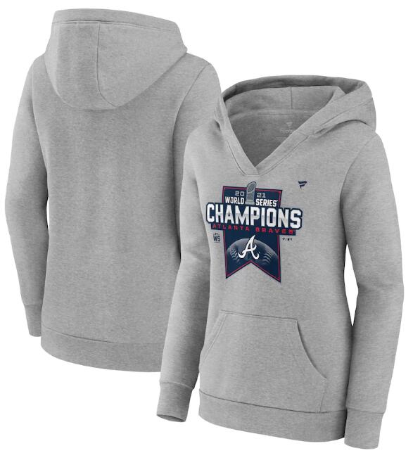 Women's Atlanta Braves 2021 Heathered Gray World Series Champions Locker Room Crossover Neck Pullover Hoodie(Run Small) Women's Atlanta Braves 2021 Heathered Gray World Series Champions Locker Room Crossover Neck Pullover Hoodie(Run Small)
