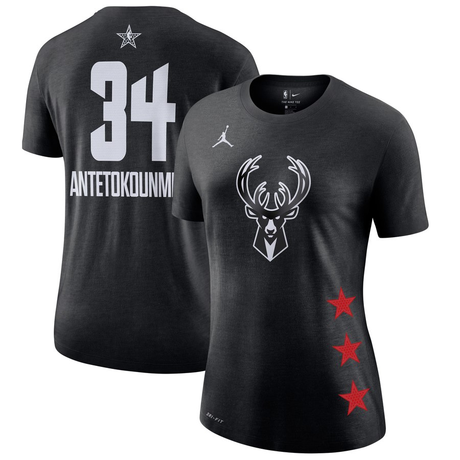 Women's Bucks 34 Giannis Antetokounmpo Black 2019 NBA All-Star Game Women's T-Shirt Women's Bucks 34 Giannis Antetokounmpo Black 2019 NBA All-Star Game Women's T-Shirt