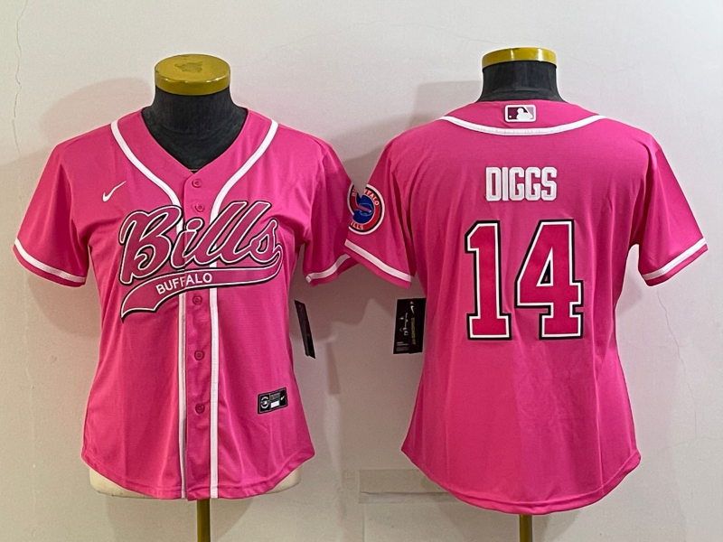 Women's Buffalo Bills #14 Stefon Diggs Pink With Patch Cool Base Stitched Baseball Jersey(Run Small) Women's Buffalo Bills #14 Stefon Diggs Pink With Patch Cool Base Stitched Baseball Jersey(Run Small)