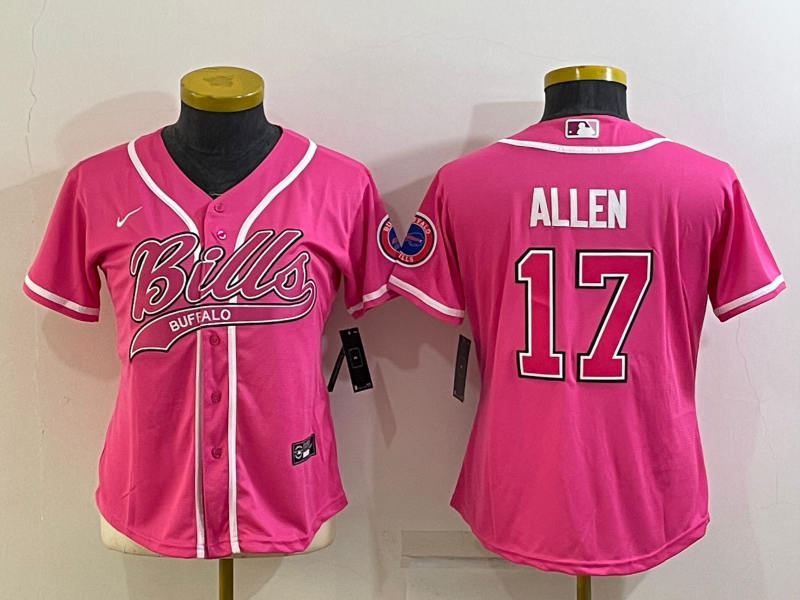 Women's Buffalo Bills #17 Josh Allen Pink With Patch Cool Base Stitched Baseball Jersey(Run Small) Women's Buffalo Bills #17 Josh Allen Pink With Patch Cool Base Stitched Baseball Jersey(Run Small)