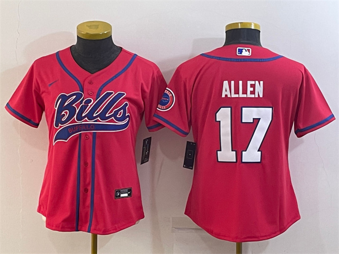 Women's Buffalo Bills #17 Josh Allen Red With Patch Cool Base Stitched Baseball Jersey(Run Small) Women's Buffalo Bills #17 Josh Allen Red With Patch Cool Base Stitched Baseball Jersey(Run Small)