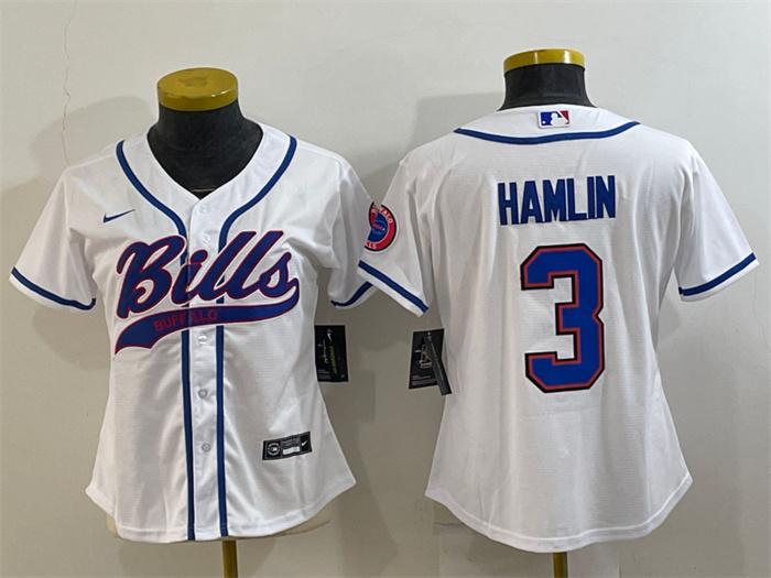 Women's Buffalo Bills #3 Damar Hamlin White With Patch Cool Base Stitched Baseball Jersey(Run Small) Women's Buffalo Bills #3 Damar Hamlin White With Patch Cool Base Stitched Baseball Jersey(Run Small)