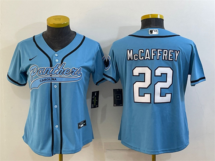 Women's Carolina Panthers #22 Christian McCaffrey Blue With Patch Cool Base Stitched Baseball Jersey(Run Small) Women's Carolina Panthers #22 Christian McCaffrey Blue With Patch Cool Base Stitched Baseball Jersey(Run Small)