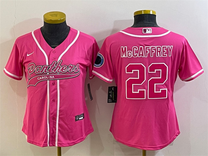 Women's Carolina Panthers #22 Christian McCaffrey Pink With Patch Cool Base Stitched Baseball Jersey(Run Small) Women's Carolina Panthers #22 Christian McCaffrey Pink With Patch Cool Base Stitched Baseball Jersey(Run Small)