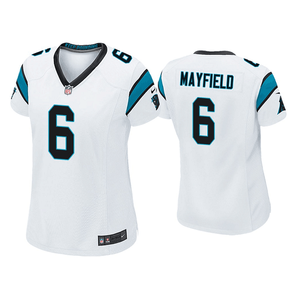 Women's Carolina Panthers #6 Baker Mayfield White Stitched Game Jersey(Run Small) Women's Carolina Panthers #6 Baker Mayfield White Stitched Game Jersey(Run Small)