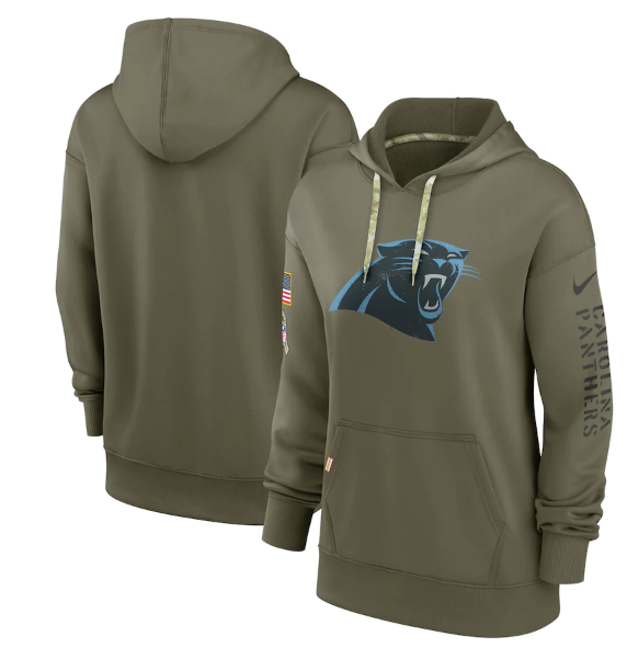 Women's Carolina Panthers 2022 Olive Salute To Service Therma Performance Pullover Hoodie(Run Small)