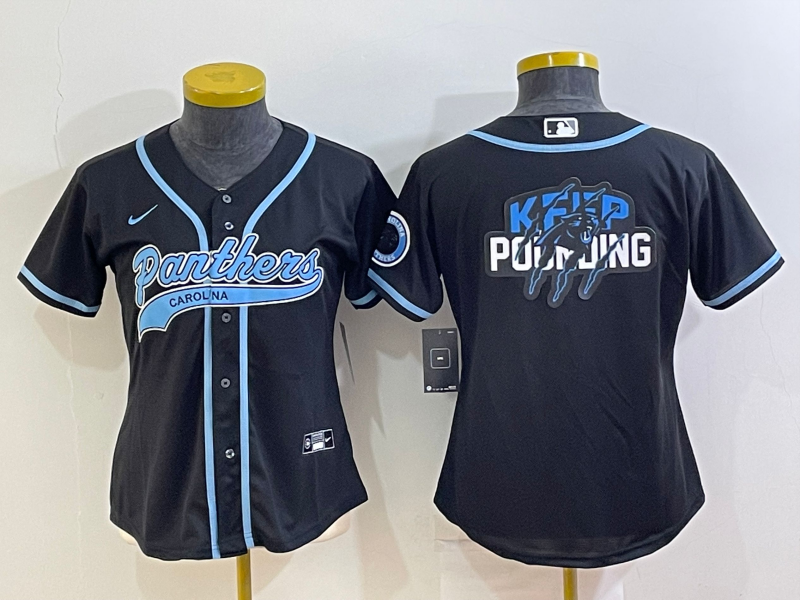 Women's Carolina Panthers Black Team Big Logo With Patch Cool Base Stitched Baseball Jersey(Run Small) Women's Carolina Panthers Black Team Big Logo With Patch Cool Base Stitched Baseball Jersey(Run Small)