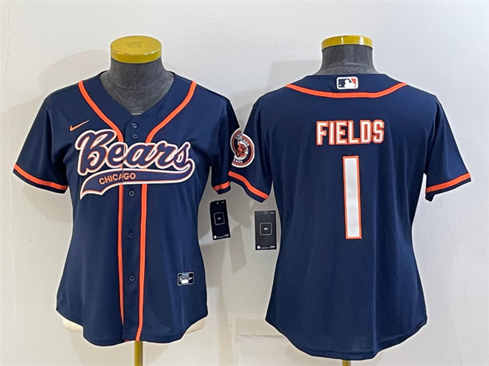 Women's Chicago Bears #1 Justin Fields Navy With Patch Cool Base Stitched Baseball Jersey(Run Small) Women's Chicago Bears #1 Justin Fields Navy With Patch Cool Base Stitched Baseball Jersey(Run Small)