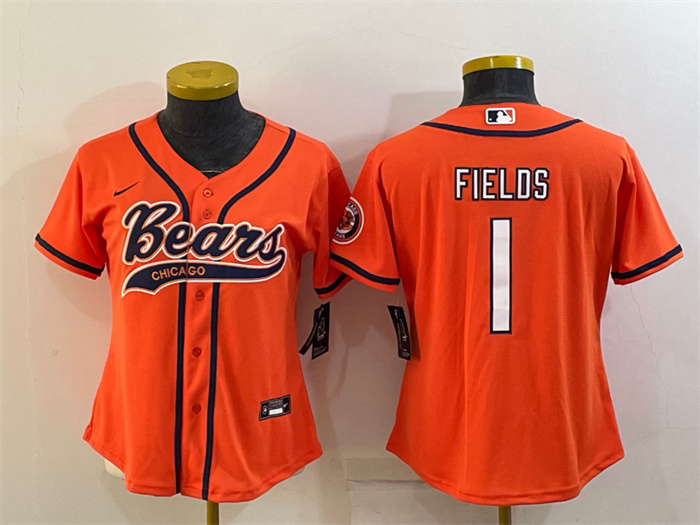 Women's Chicago Bears #1 Justin Fields Orange With Patch Cool Base Stitched Baseball Jersey(Run Small) Women's Chicago Bears #1 Justin Fields Orange With Patch Cool Base Stitched Baseball Jersey(Run Small)