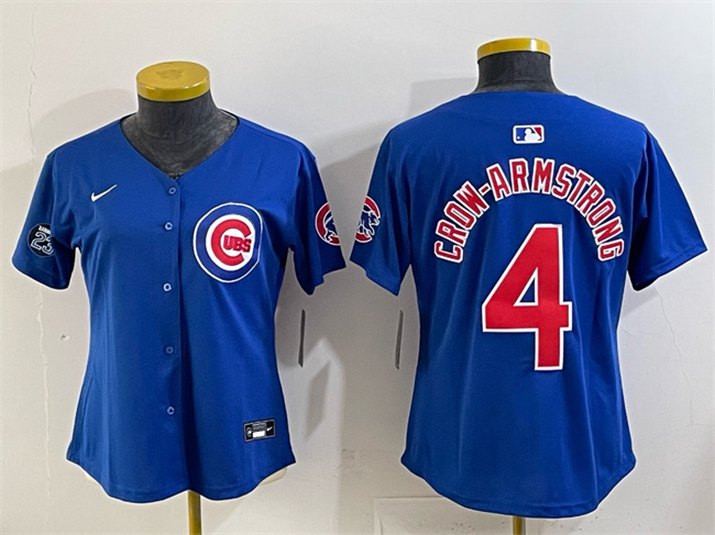Women's Chicago Cubs #4 Pete Crow-Armstrong Royal 'Ryne Sandberg Tribute' Vapor Limited V2 Stitched Baseball Jersey(Run Small) Women's Chicago Cubs #4 Pete Crow-Armstrong Royal 'Ryne Sandberg Tribute' Vapor Limited V2 Stitched Baseball Jersey(Run Small)