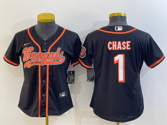 Women's Cincinnati Bengals #1 Ja'Marr Chase Black With Patch Cool Base Stitched Baseball Jersey(Run Small) Women's Cincinnati Bengals #1 Ja'Marr Chase Black With Patch Cool Base Stitched Baseball Jersey(Run Small)