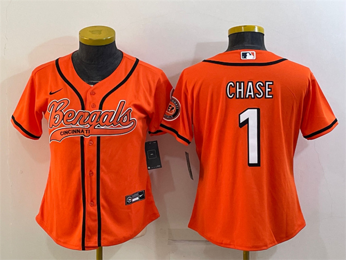 Women's Cincinnati Bengals #1 Ja'Marr Chase Orange With Patch Cool Base Stitched Baseball Jersey(Run Small) Women's Cincinnati Bengals #1 Ja'Marr Chase Orange With Patch Cool Base Stitched Baseball Jersey(Run Small)