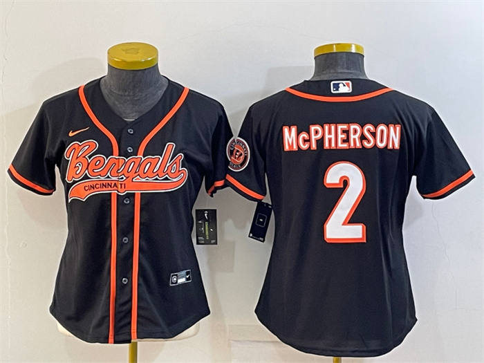 Women's Cincinnati Bengals #2 Evan McPherson Black With Patch Cool Base Stitched Baseball Jersey(Run Small) Women's Cincinnati Bengals #2 Evan McPherson Black With Patch Cool Base Stitched Baseball Jersey(Run Small)