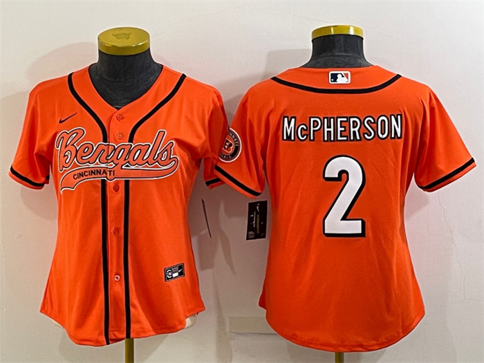 Women's Cincinnati Bengals #2 Evan McPherson Orange With Patch Cool Base Stitched Baseball Jersey(Run Small) Women's Cincinnati Bengals #2 Evan McPherson Orange With Patch Cool Base Stitched Baseball Jersey(Run Small)