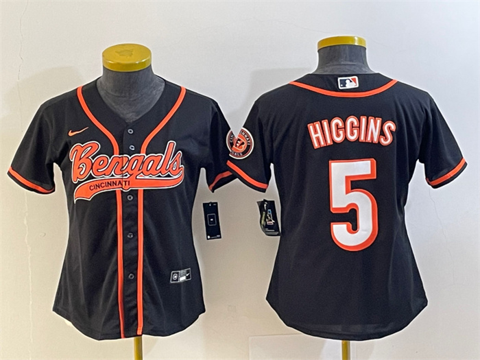 Women's Cincinnati Bengals #5 Tee Higgins Black With Patch Cool Base Stitched Baseball Women's Cincinnati Bengals #5 Tee Higgins Black With Patch Cool Base Stitched Baseball