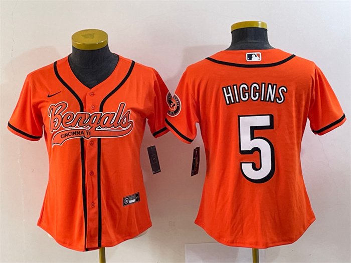 Women's Cincinnati Bengals #5 Tee Higgins Orange With Patch Cool Base Stitched Baseball Women's Cincinnati Bengals #5 Tee Higgins Orange With Patch Cool Base Stitched Baseball