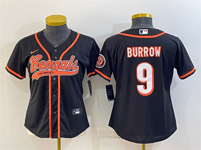 Women's Cincinnati Bengals #9 Joe Burrow Black With Patch Cool Base Stitched Baseball Jersey(Run Small) Women's Cincinnati Bengals #9 Joe Burrow Black With Patch Cool Base Stitched Baseball Jersey(Run Small)