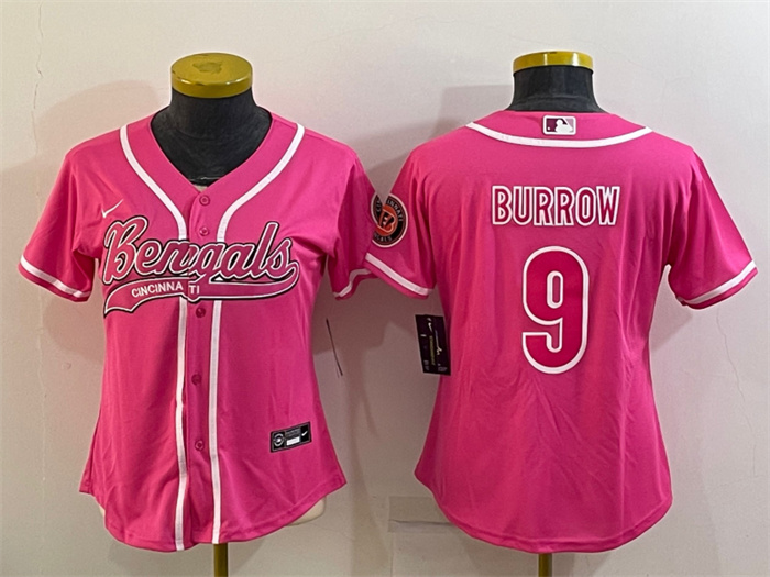 Women's Cincinnati Bengals #9 Joe Burrow Pink With Patch Cool Base Stitched Baseball Jersey(Run Small) Women's Cincinnati Bengals #9 Joe Burrow Pink With Patch Cool Base Stitched Baseball Jersey(Run Small)