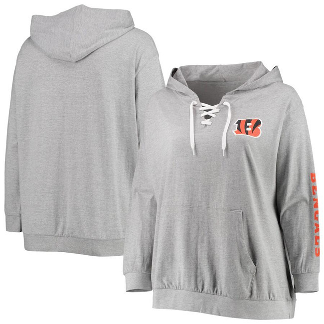 Women's Cincinnati Bengals Heathered Gray Plus Size Lace-Up Pullover Hoodie Women's Cincinnati Bengals Heathered Gray Plus Size Lace-Up Pullover Hoodie