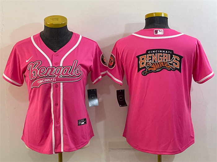 Women's Cincinnati Bengals Pink Team Big Logo With Patch Cool Base Stitched Baseball Jersey(Run Small) Women's Cincinnati Bengals Pink Team Big Logo With Patch Cool Base Stitched Baseball Jersey(Run Small)