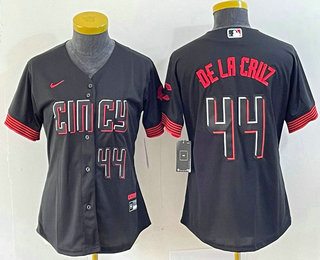 Women's Cincinnati Reds #44 Elly De La Cruz Number Black 2023 City Connect Cool Base Stitched Baseball Jersey4 Women's Cincinnati Reds #44 Elly De La Cruz Number Black 2023 City Connect Cool Base Stitched Baseball Jersey4