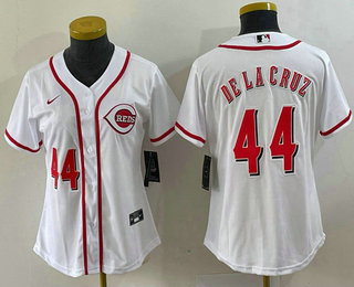 Women's Cincinnati Reds #44 Elly De La Cruz Number White With Patch Cool Base Stitched Jersey Women's Cincinnati Reds #44 Elly De La Cruz Number White With Patch Cool Base Stitched Jersey
