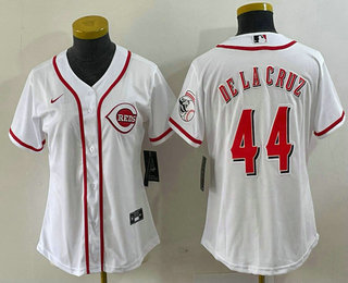 Women's Cincinnati Reds #44 Elly De La Cruz White With Patch Cool Base Stitched Jersey Women's Cincinnati Reds #44 Elly De La Cruz White With Patch Cool Base Stitched Jersey