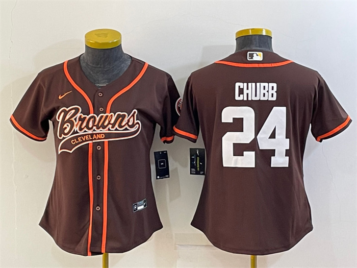 Women's Cleveland Browns #24 Nick Chubb Brown With Patch Cool Base Stitched Baseball Jersey(Run Small) Women's Cleveland Browns #24 Nick Chubb Brown With Patch Cool Base Stitched Baseball Jersey(Run Small)